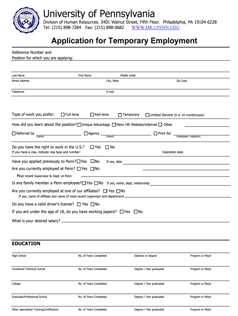 Application for Temporary Employment VPUL University of Vpul Upenn  Form