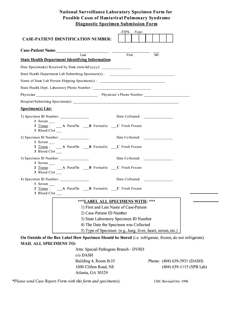 National Surveillance Laboratory Specimen Form for Possible Cases of Hantaviral Pulmonary Syndrome Diagnostic Specimen Submissio