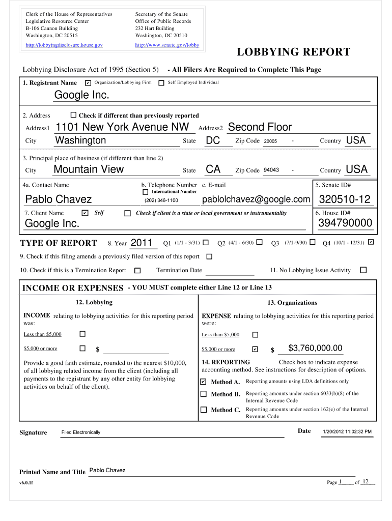 LOBBYING REPORT Mountain View Google Inc Google Inc  Form