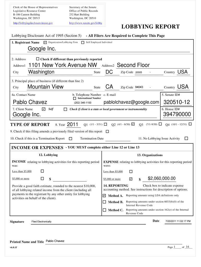 Clerk of the House of Representatives Legislative Resource Center B 106 Cannon Building Washington, DC 20515 Httplobbyingdisclos  Form