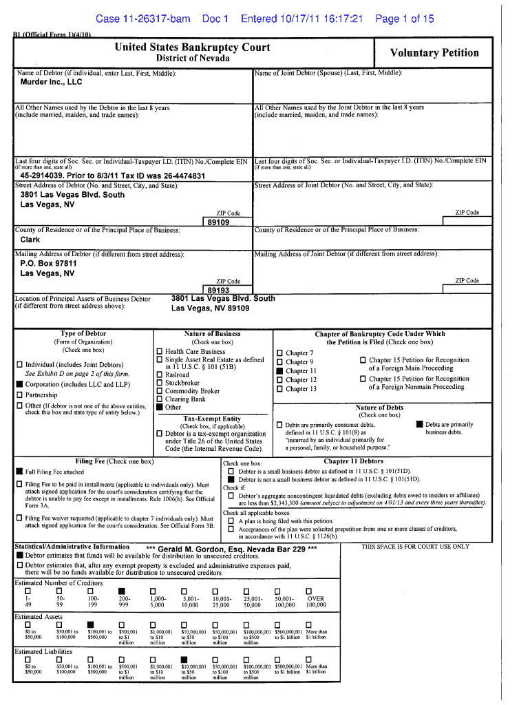 Case 11 26317 Bam DOC 1 Entered 101711 161721 Page 1 of 15 United States Bankruptcy Court District of Nevada Name of Debtor If I  Form