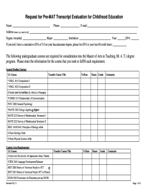 Request for Pre MAT Transcript Evaluation for Childhood Education Coehp Uark  Form