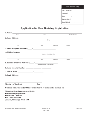  Application for Hair Braiding Registration 2014