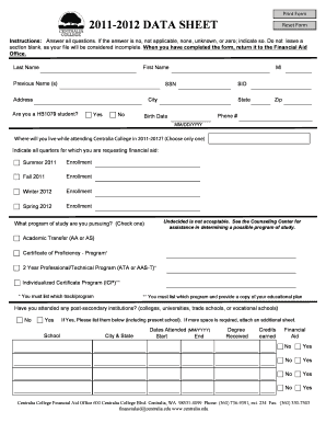 DATA SHEET Centralia College Centralia  Form