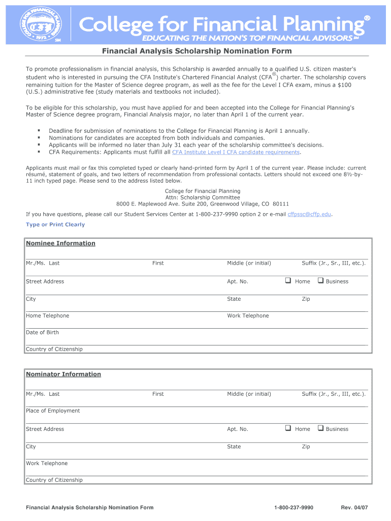 Financial Analysis Scholarship Nomination Form