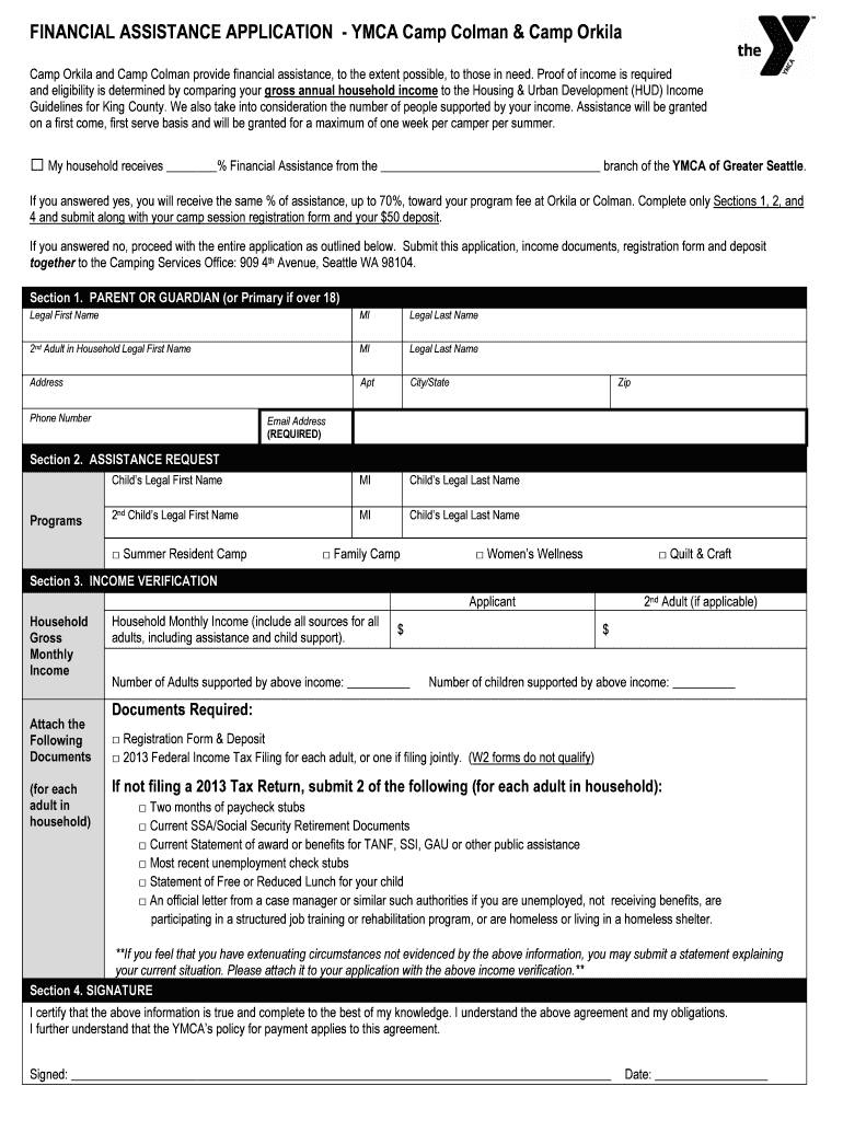 Camp Financial Assistance Application YMCA Seattleymca  Form