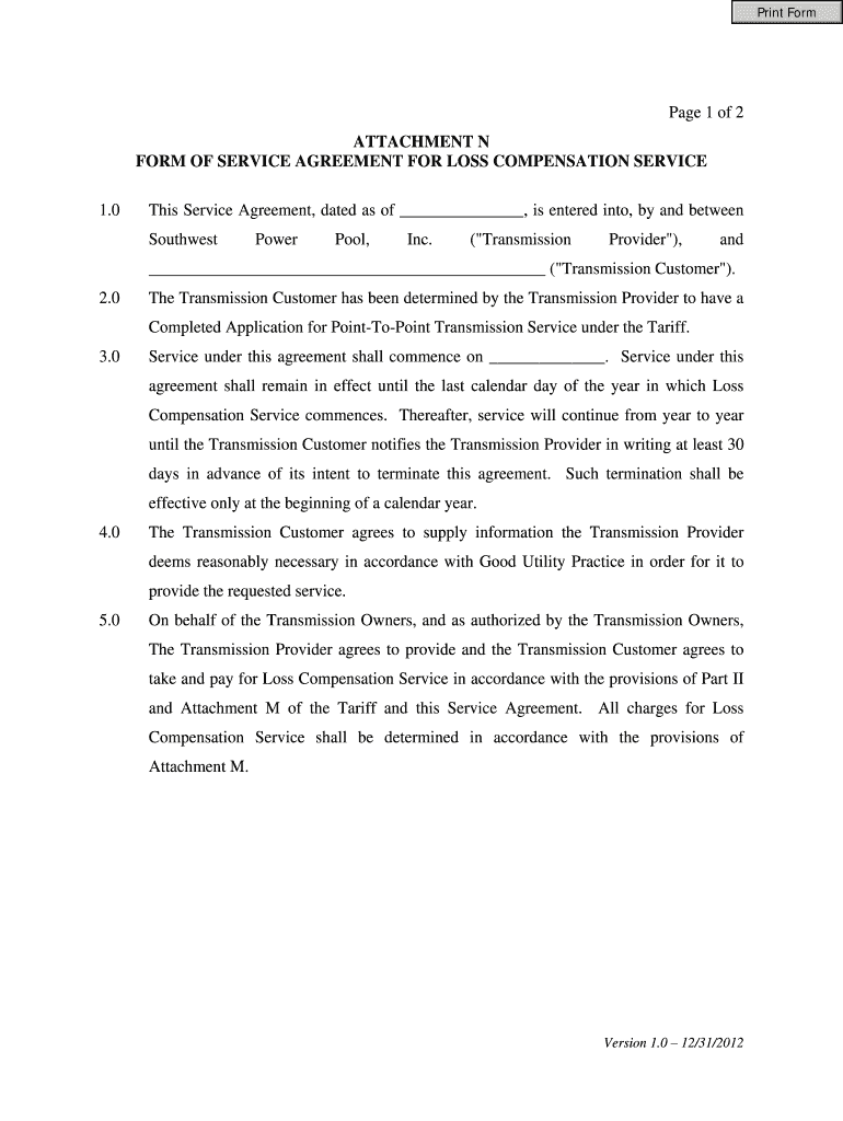 Page 1 of 2 ATTACHMENT N FORM of SERVICE AGREEMENT Spp