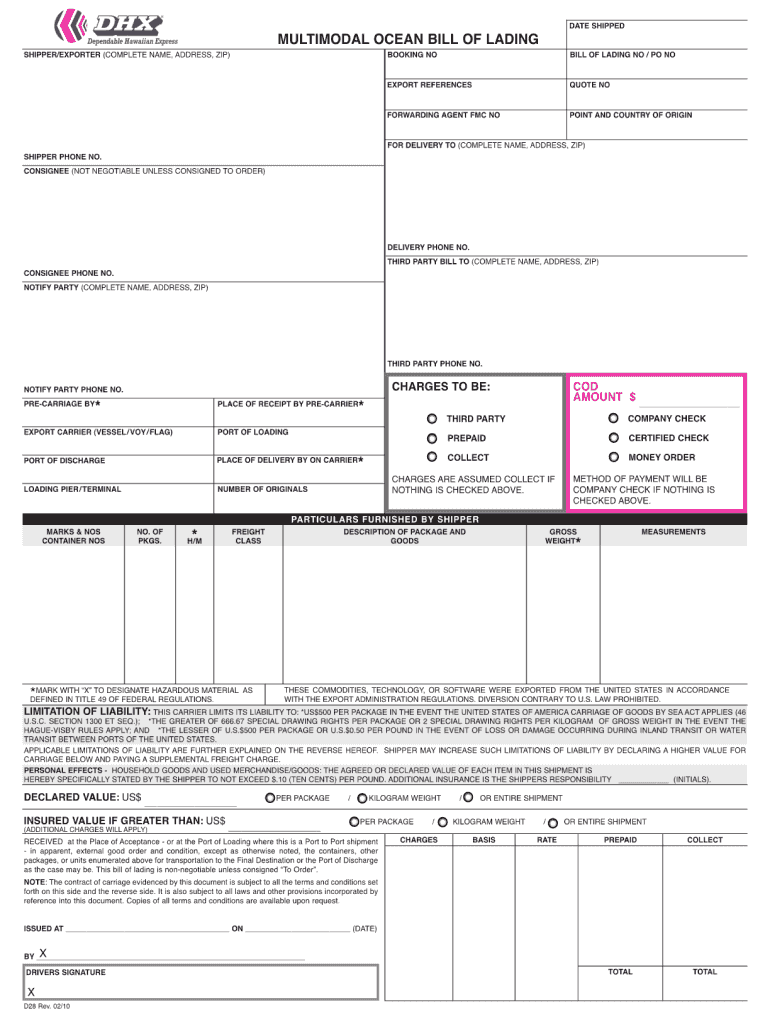  Ocean Bill of Lading Template 2010