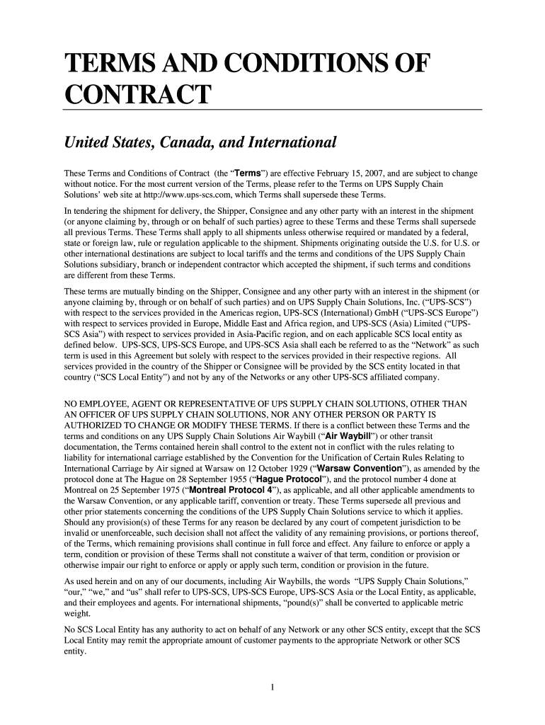 TERMS and CONDITIONS of CONTRACT UPS Supply Chain  Form
