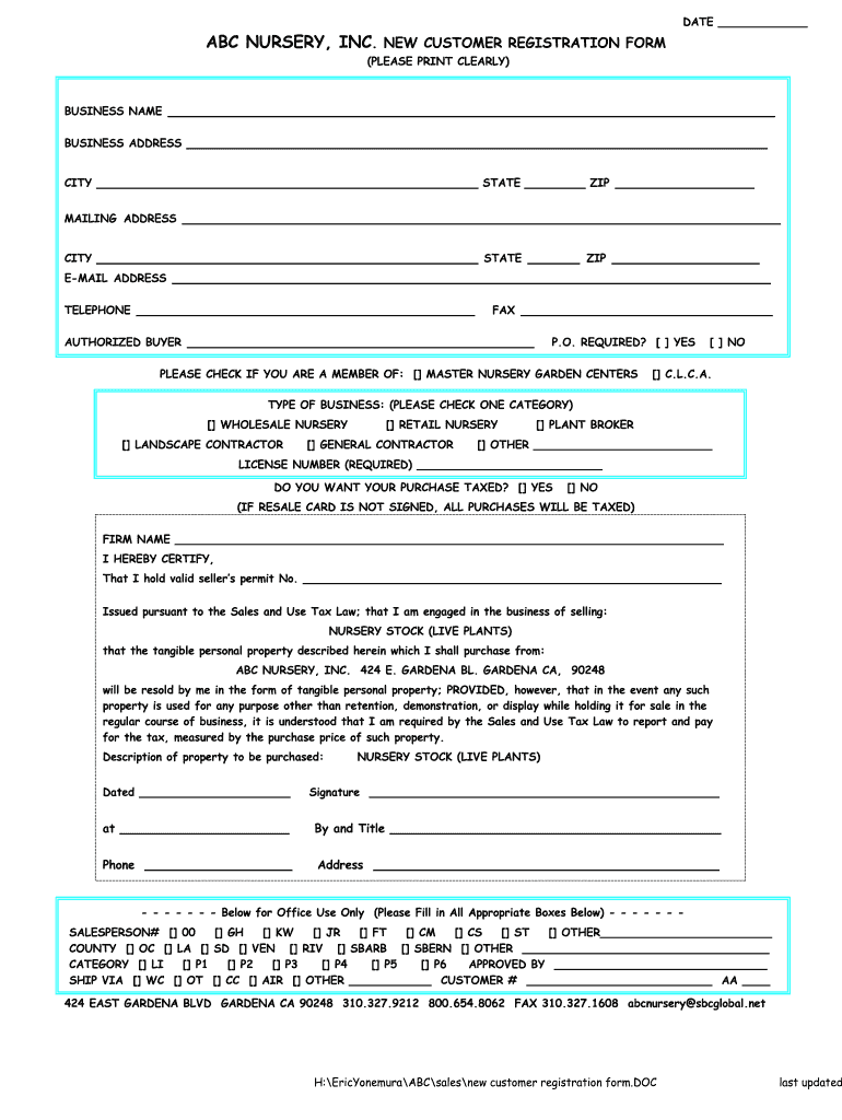 ABC NURSERY , INC NEW CUSTOMER REGISTRATION FORM