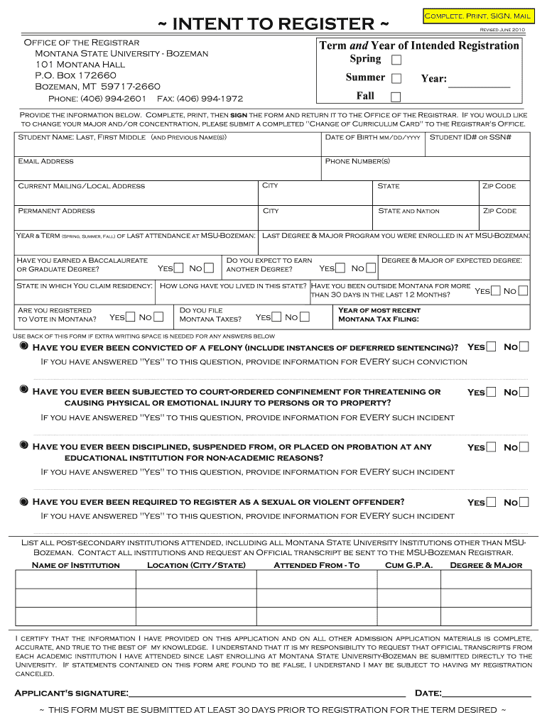 Intent to Register Form Montana State University Montana