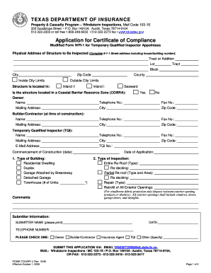 Temporary Qualified Inspector Appointees Application of Compliance Tdi Texas  Form