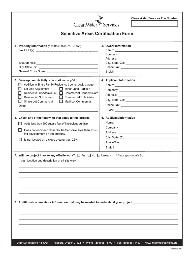 Sensitive Areas Certification Form Cleanwaterservices