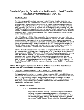 Standard Operating Procedure for the Formation of and Transition to Subsidiary Corporations of SCA, Inc Sca