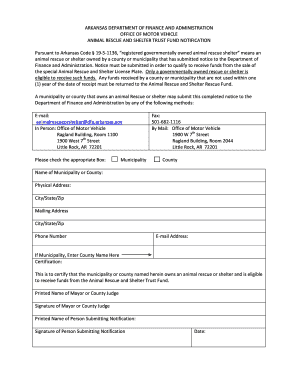 Animal Rescue and Shelter Fund Notification Arkansas Dfa Arkansas  Form