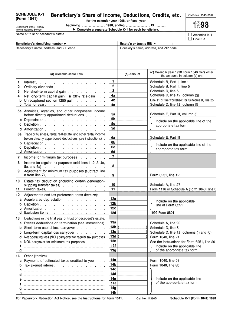 Form 1041 Schedule K 1 Internal Revenue Service