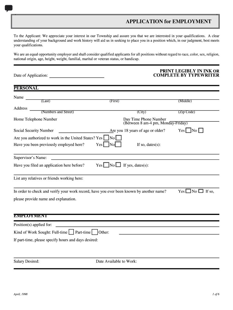 Police Employment Application Bloomfield Township  Form