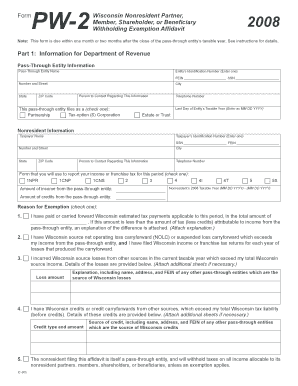 Save PW 2 Form Print Wisconsin Nonresident Partner, Member, Shareholder, or Beneficiary Withholding Exemption Affidavit Clear No