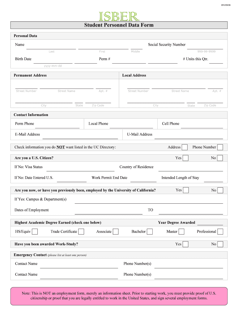 Student Personnel Data Form