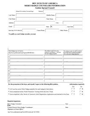 Merit Badge Counselor Form Golden Spread Council