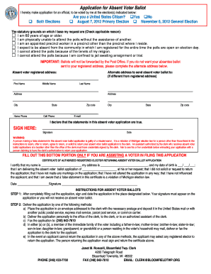 Absentee Voter Application for August and November Elections  Form