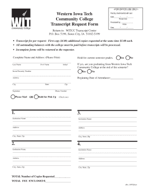 Western Iowa Tech Community College Transcript Request  Form