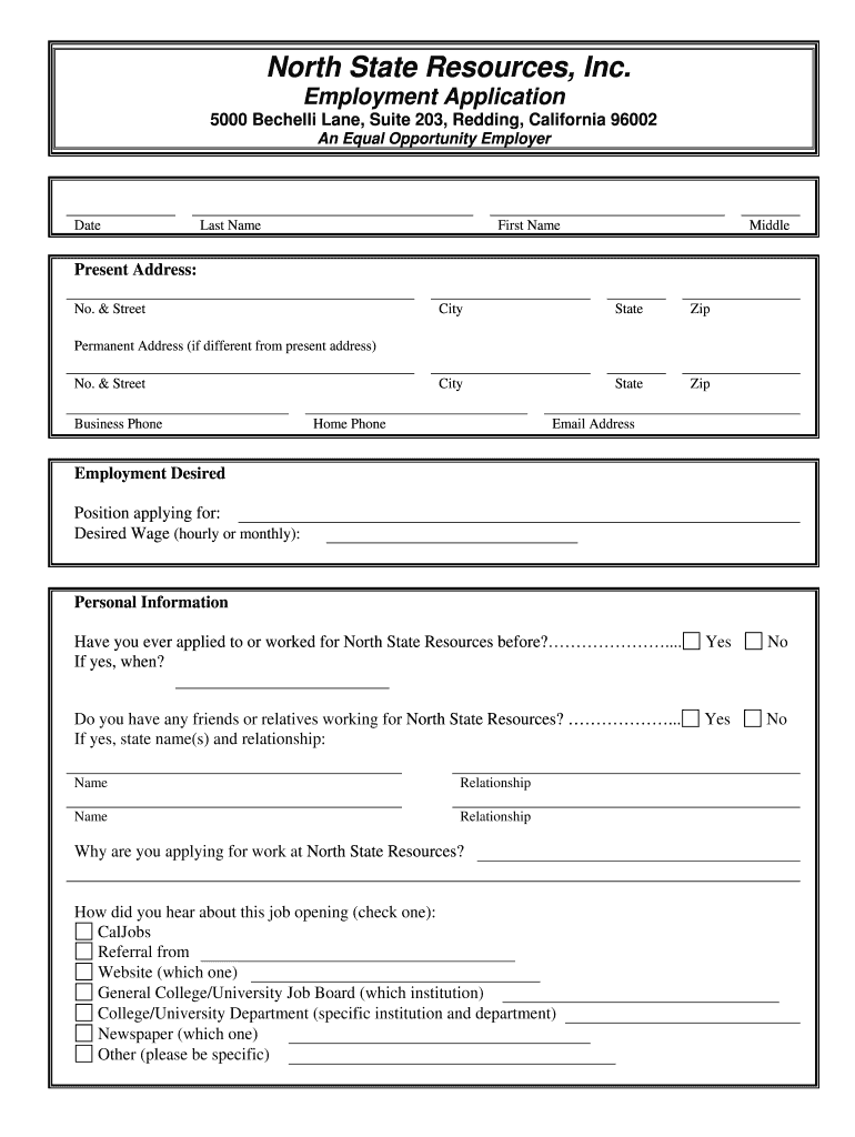 Employment Application North State Resources, Inc Form - Fill Out and ...