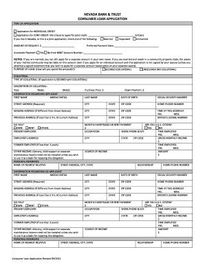 NEVADA BANK &amp; TRUST CONSUMER LOAN APPLICATION  Form