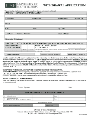 Withdrawal Application Office of the Registrar University of South  Form