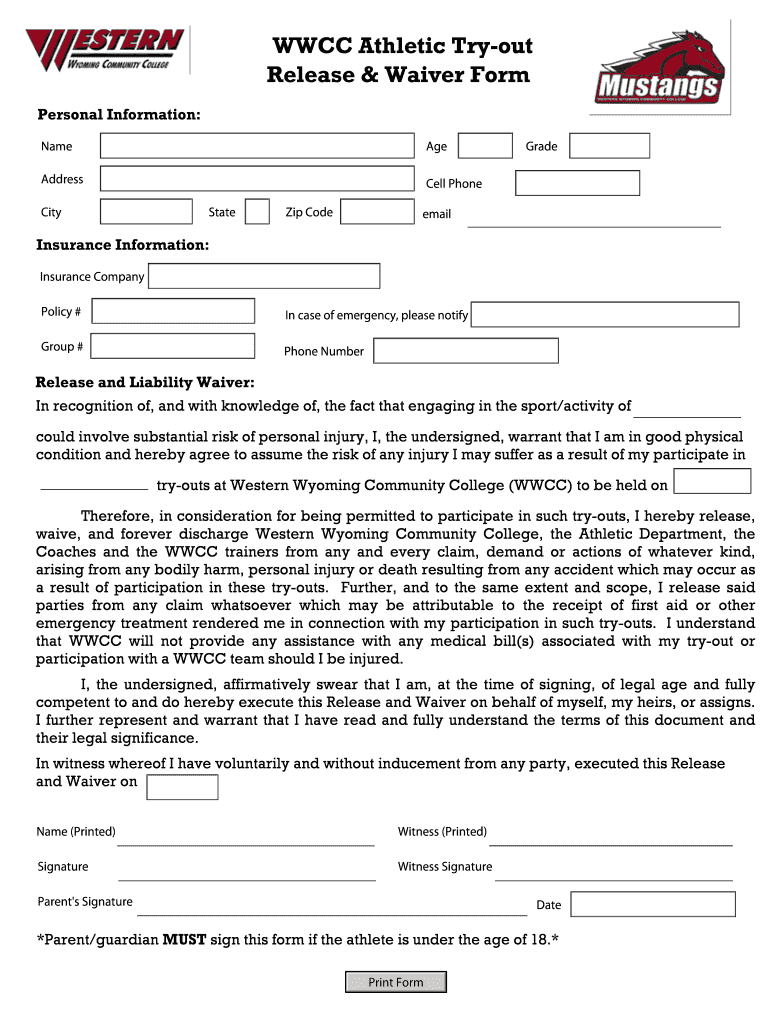 WWCC Athletic Try Out Release &amp; Waiver Form Wwcc Wy