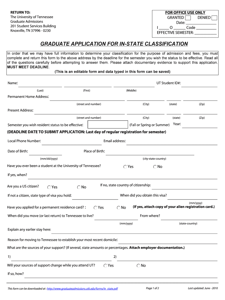 GRADUATE APPLICATION for in STATE Graduate Admissions Graduateadmissions Utk  Form