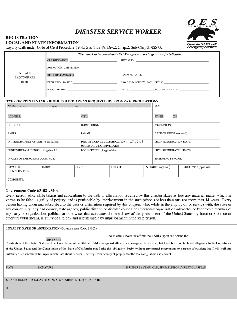 California Disaster Service Worker Volunteer Registration Oath Form