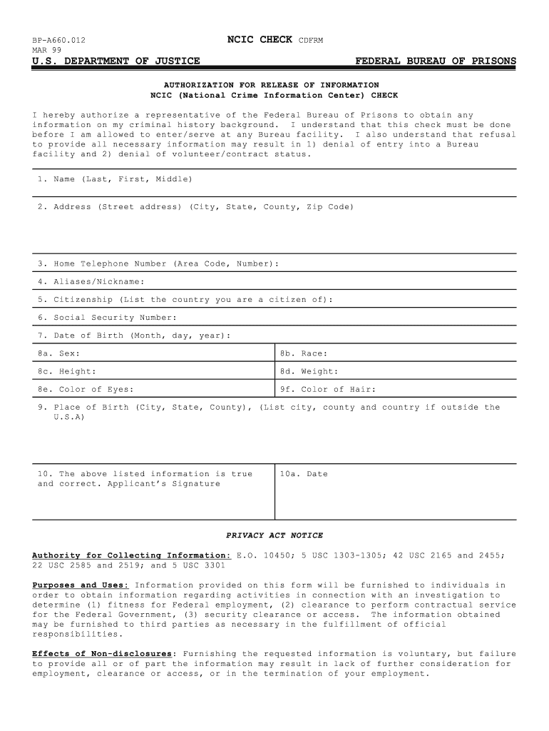  Ncic Background Check Form 1999-2024