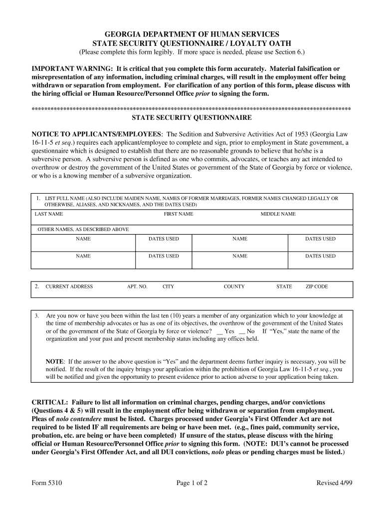 Ga Human Services State Security  Form