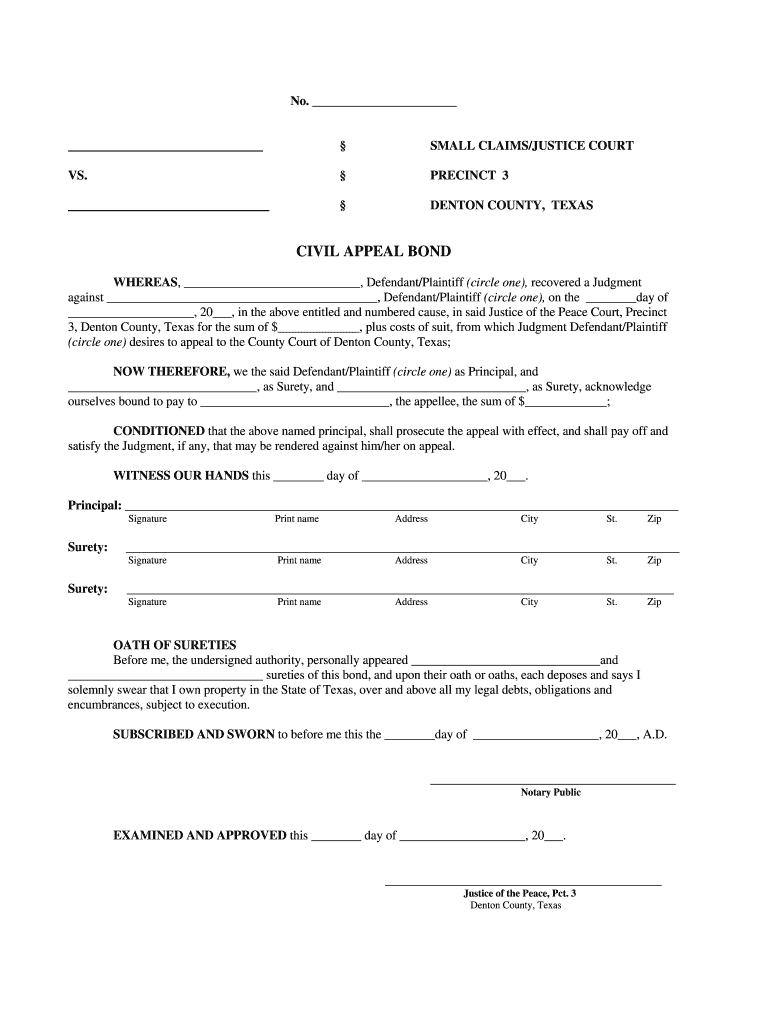 Civil Appeal Bond Denton County  Form
