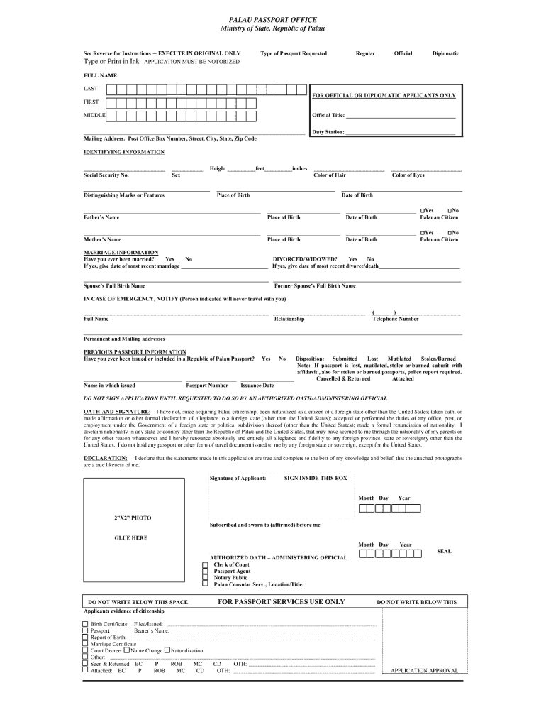  Palau Passport Application 2005-2024