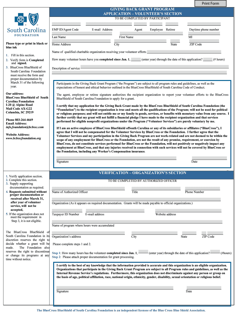 GIVING BACK GRANT PROGRAM APPLICATION VOLUNTEER&#039;S Bcbsscfoundation  Form