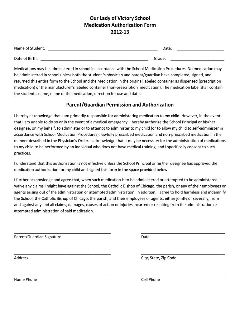 Our Lady of Victory School Medication Authorization Form 13