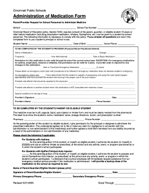 Cincinnati Public Schools Administration of Medication Form