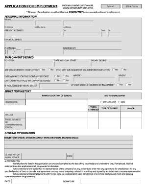 APPLICATION for EMPLOYMENT Provide Care Inc  Form
