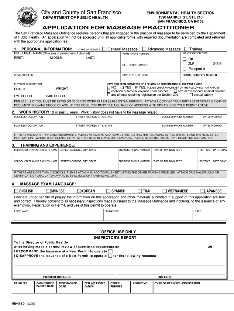 Application for Massage Practitioner Sfdph  Form