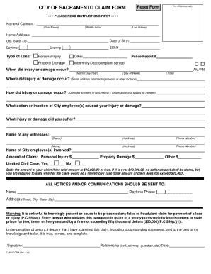 City of Sacramento File Claim for Loss Form