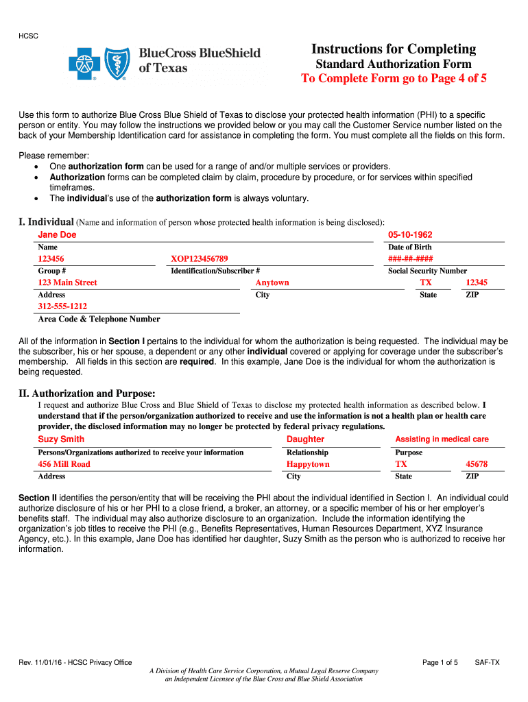  Standard Authorization Form Bcbs 2012