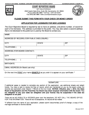 Court Reporters Board of California Application for Licensure for Courtreportersboard Ca  Form