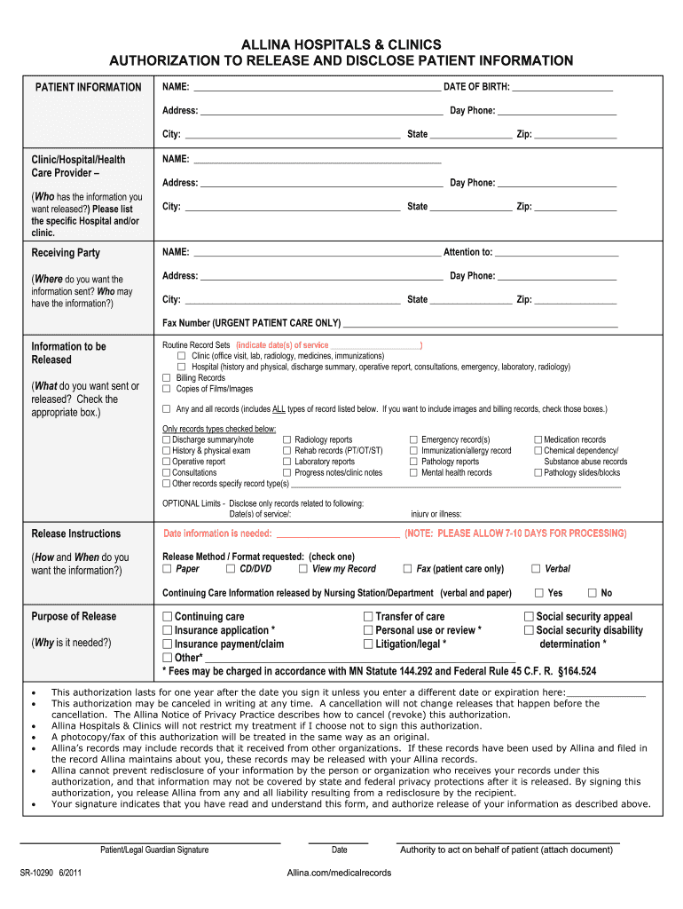  Allina Hospitals and Clinics Form 2011