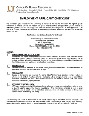 EMPLOYMENT APPLICANT CHECKLIST Utb  Form