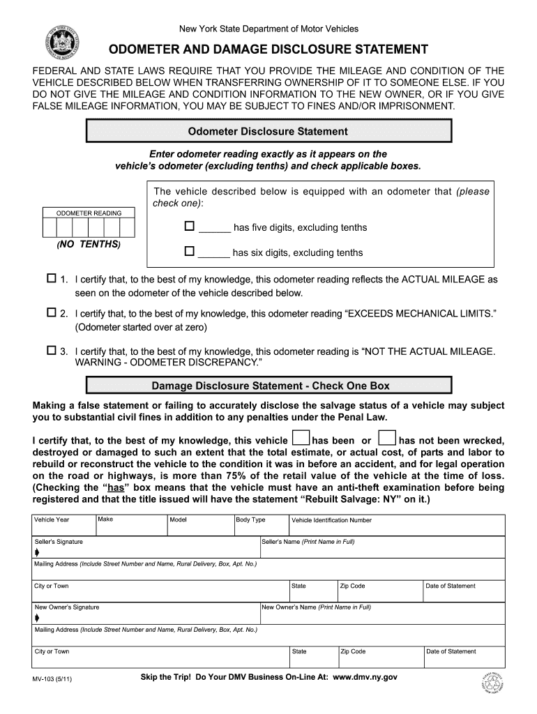 Odometer Disclosure Statement New York  Form