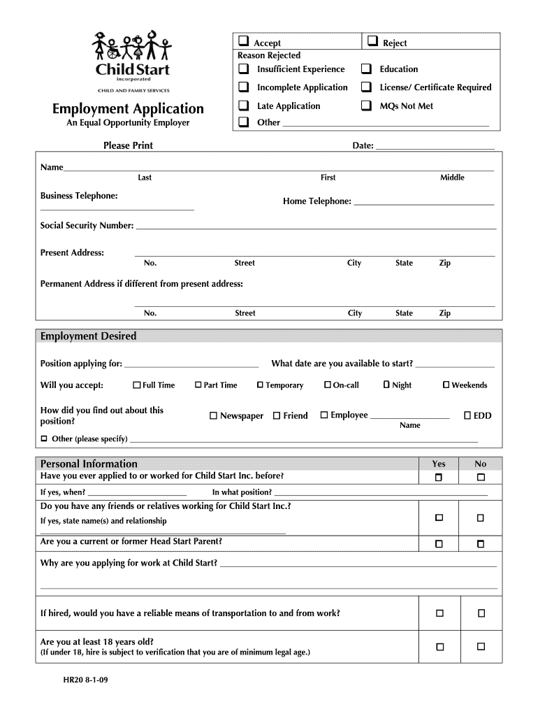 Employment Application Child Start, Inc Childstartinc  Form