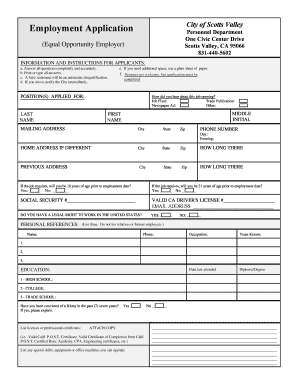 Employment Application City of Scotts Valley Scottsvalley  Form