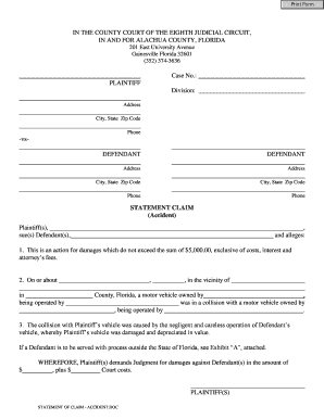 Print Form in the COUNTY COURT of the EIGHTH JUDICIAL CIRCUIT, in and for ALACHUA COUNTY, FLORIDA 201 East University Avenue Gai